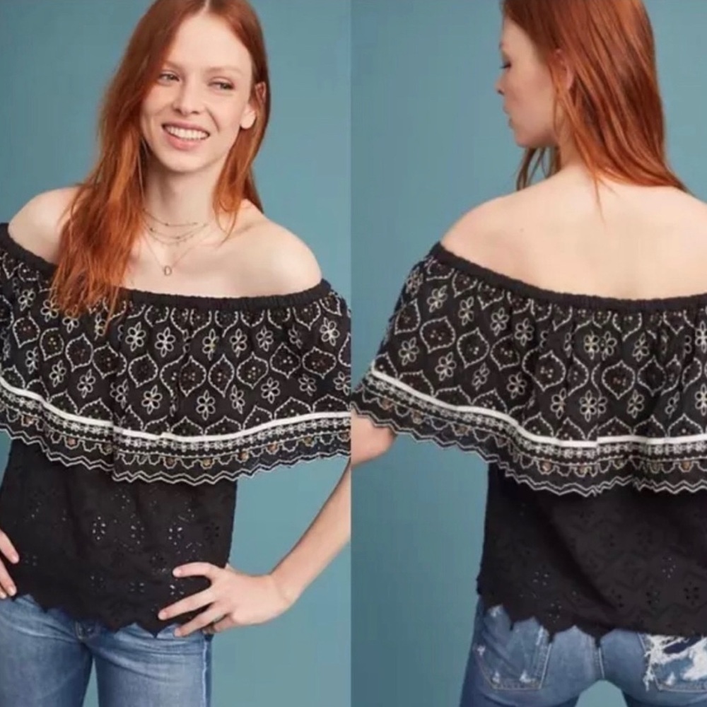 Hemant & Nandita Anthropologie Marva Off Shoulder Black Embroidered Top XS